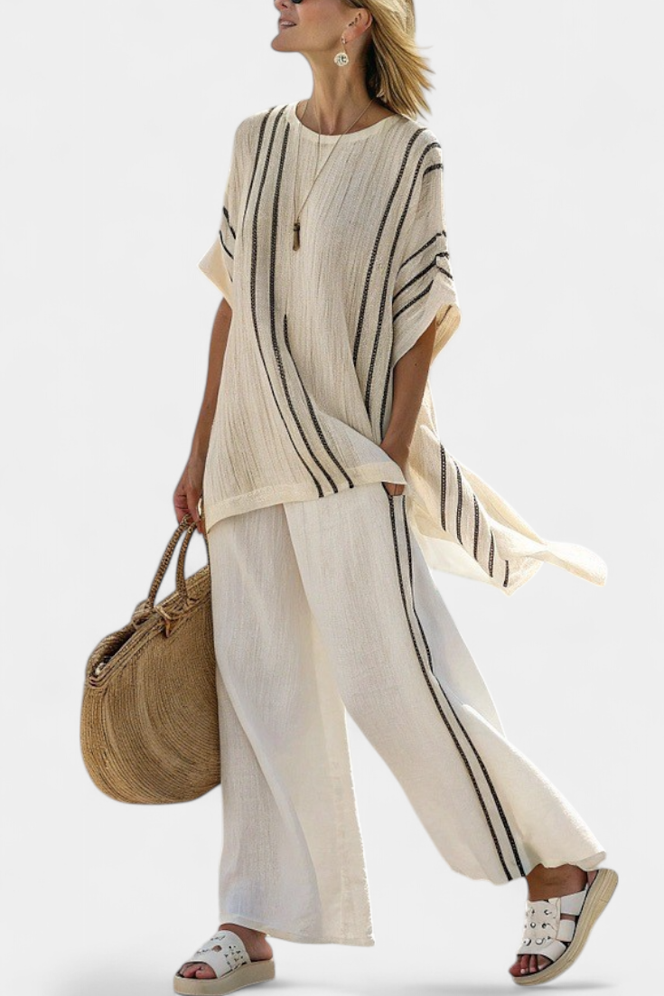 Raffa - Elegant Ivory Linen Blouse and Black Striped Pants