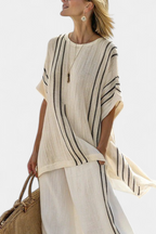 Raffa - Elegant Ivory Linen Blouse and Black Striped Pants