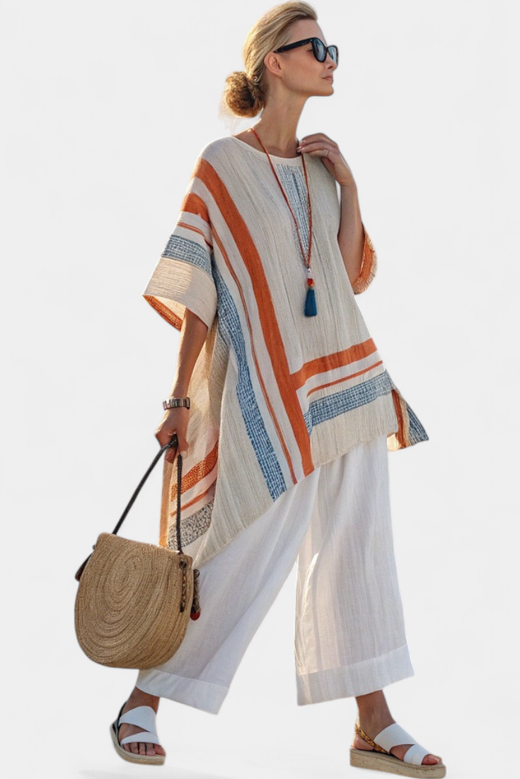 Lorene - Sophisticated Asymmetric Blouse and Wide-Leg Linen Pants