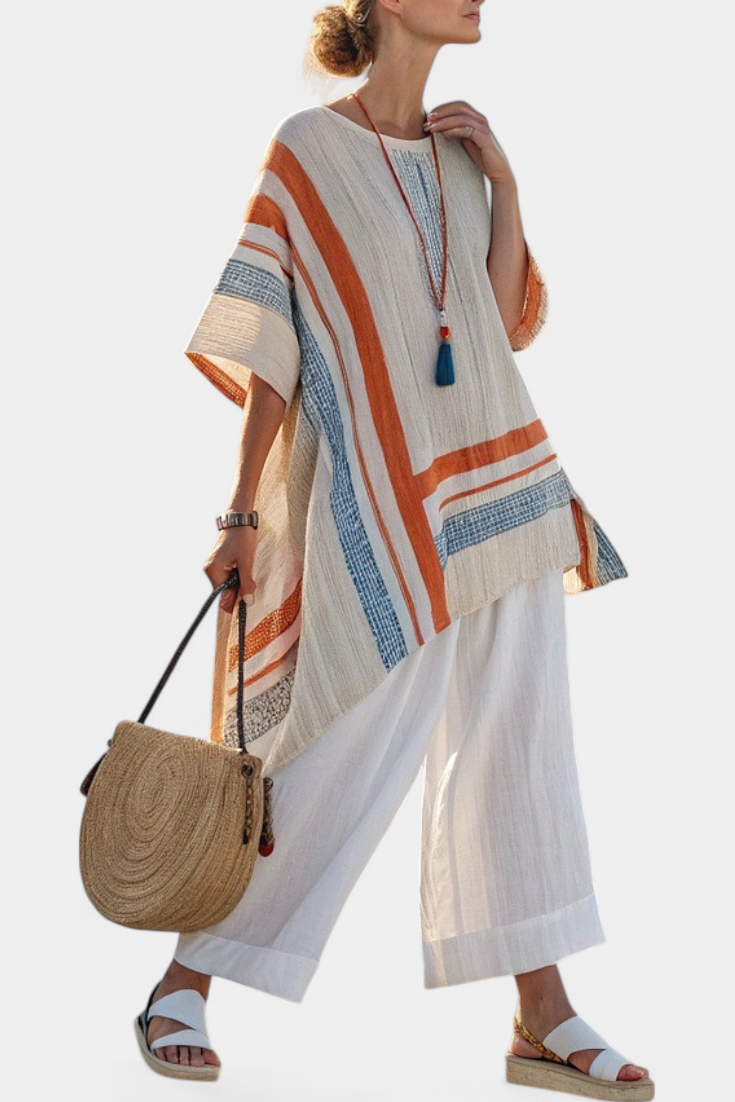 Lorene - Sophisticated Asymmetric Blouse and Wide-Leg Linen Pants