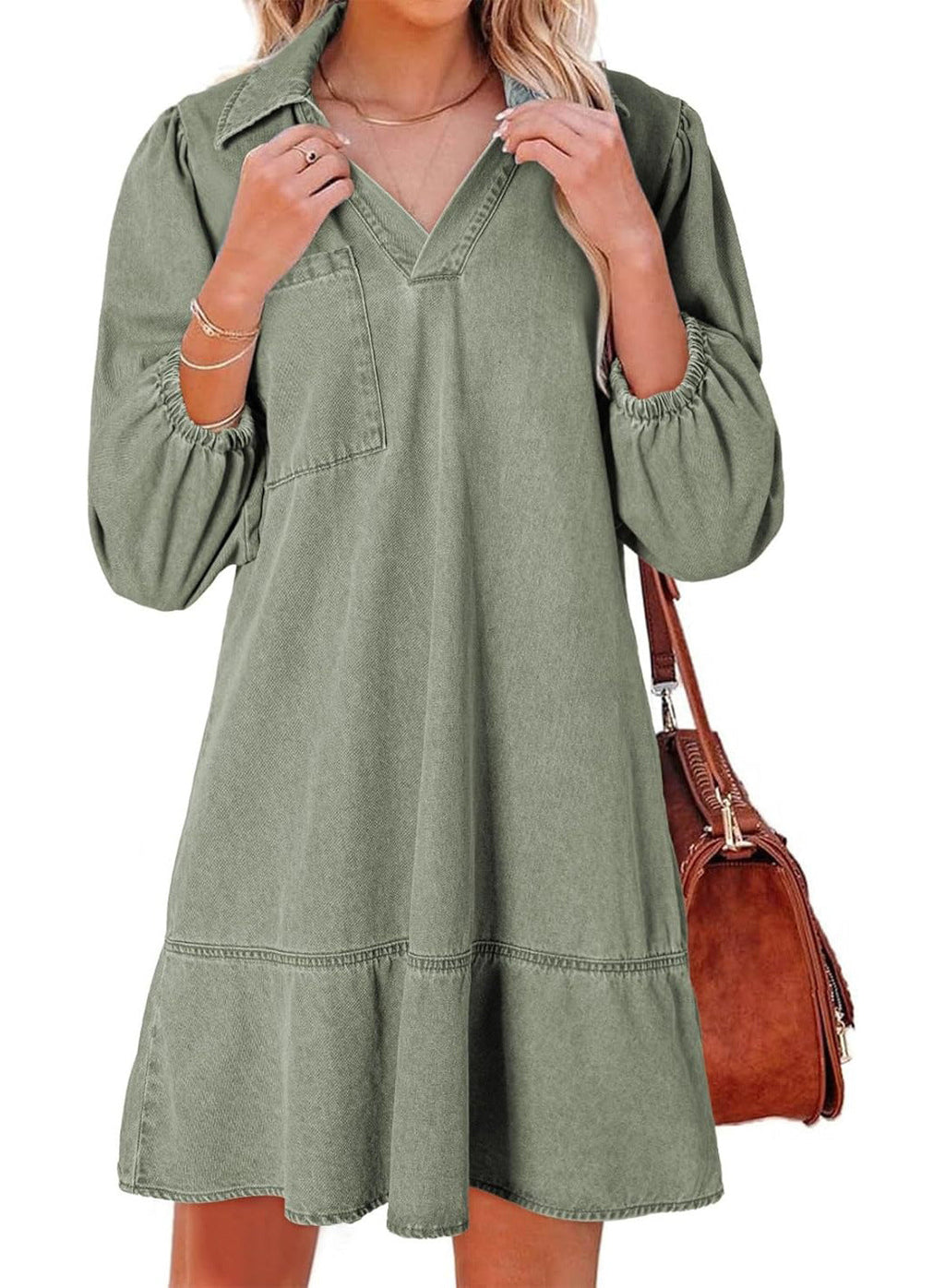 Aria - V-Neck Puff Sleeve Babydoll Dress