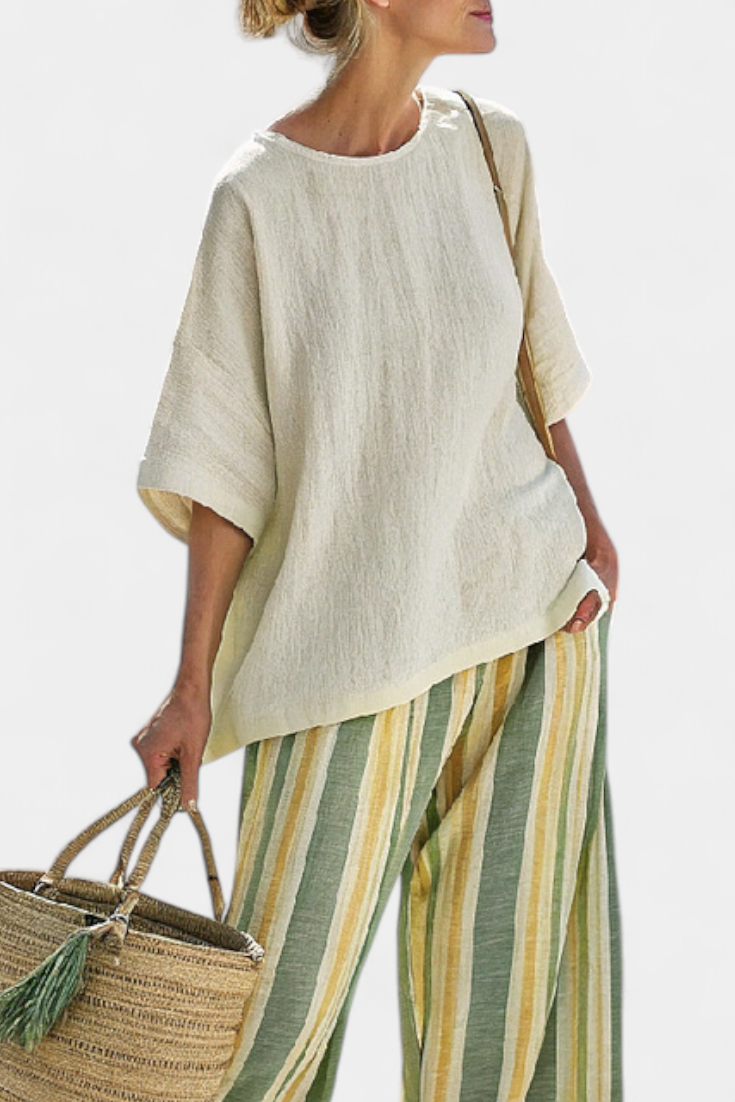 Kate - Sophisticated Top and Striped Linen Pants