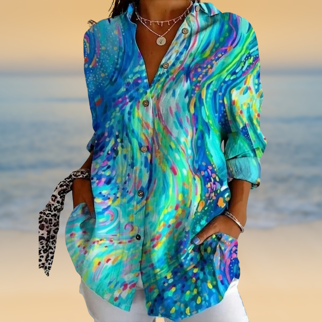 Aya - Abstract Watercolor Blouse with Button Front