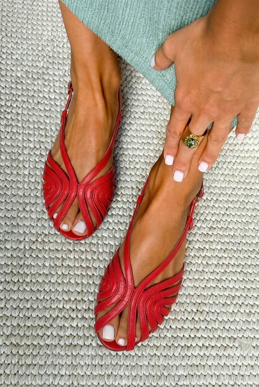 Antonet - Red Leather-Look Cage Peep-Toe Summer Sandals