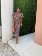 Lorena - Vibrant Midi Dress with Puff Sleeves