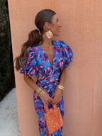 Lorena - Vibrant Midi Dress with Puff Sleeves