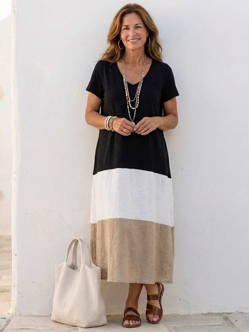 Elmira - Short Sleeve Color Block V Neck Midi Dress