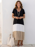 Elmira - Short Sleeve Color Block V Neck Midi Dress