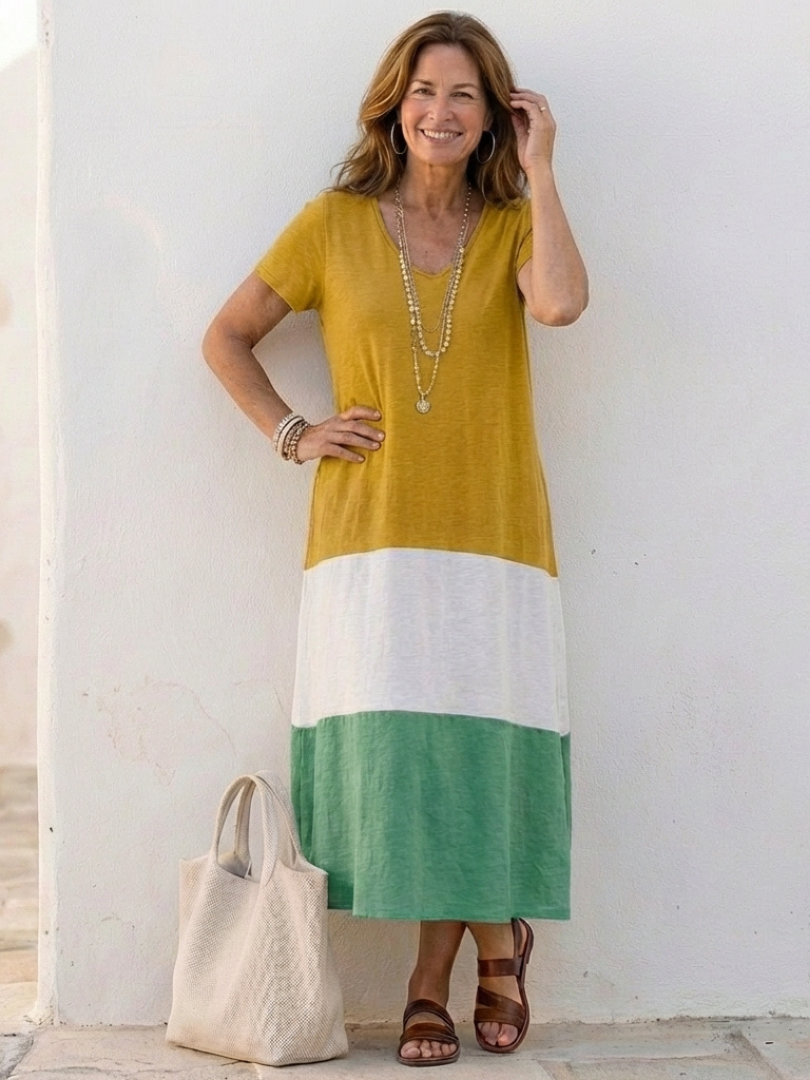Elmira - Short Sleeve Color Block V Neck Midi Dress