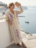 Kris - V Neck Half Sleeve Striped Floral Maxi Dress