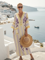 Kris - V Neck Half Sleeve Striped Floral Maxi Dress