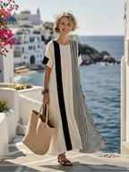Elisse - Round Neck Short Sleeve Striped Maxi Dress