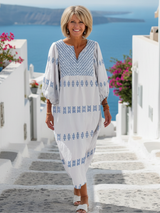 Avril - V Neck Long Sleeve Embroidered Maxi Dress