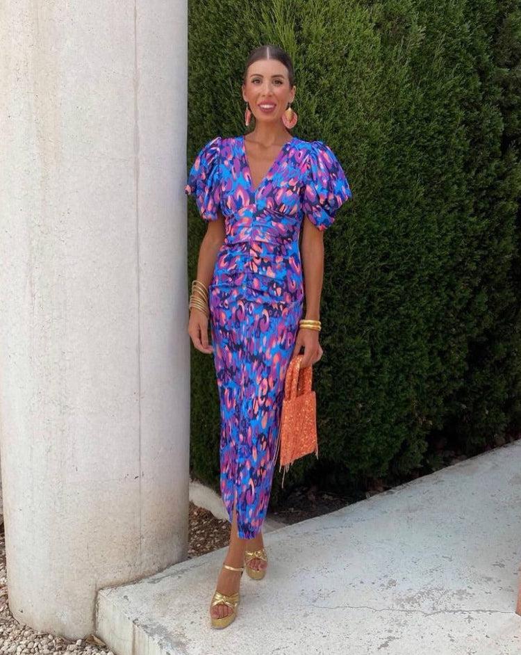 Lorena - Vibrant Midi Dress with Puff Sleeves