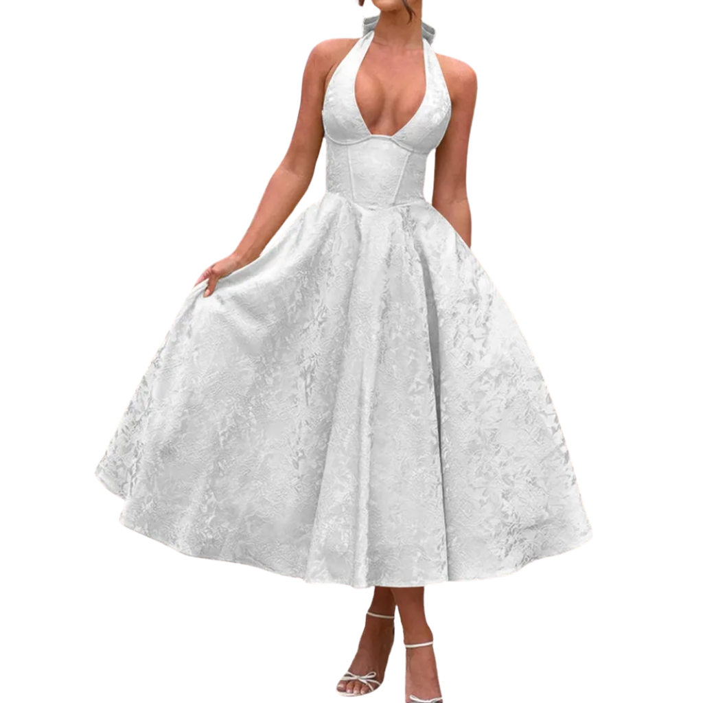 Loraine - Embroidered Halter V-Neck Gown