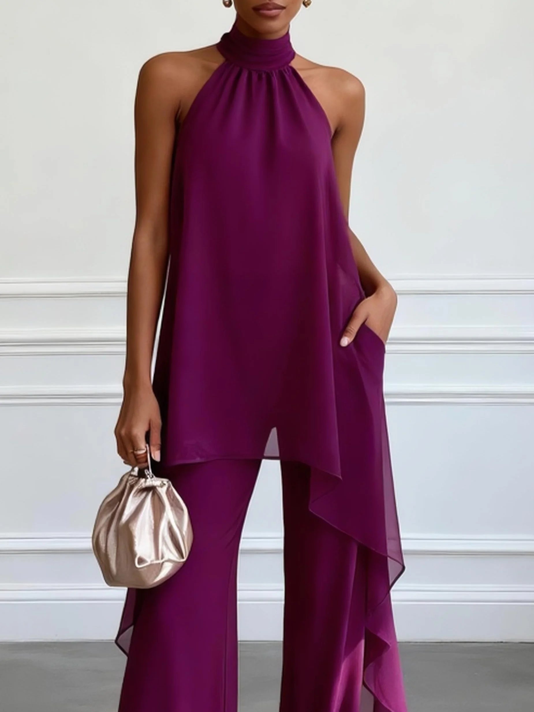 Ara - Purple Halter Sleeveless Elegant Top With Pants Two-Piece Set