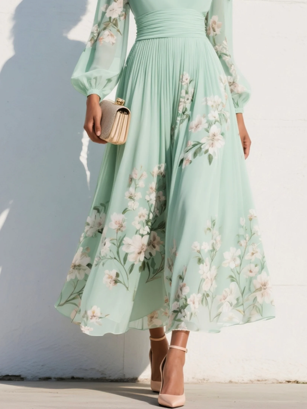 Merryl - Mint Green V-Neck Chiffon Midi Dress