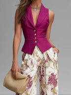 Anne - Rose Pink Sleeveless Vest and Floral Wide-Leg Pants Set