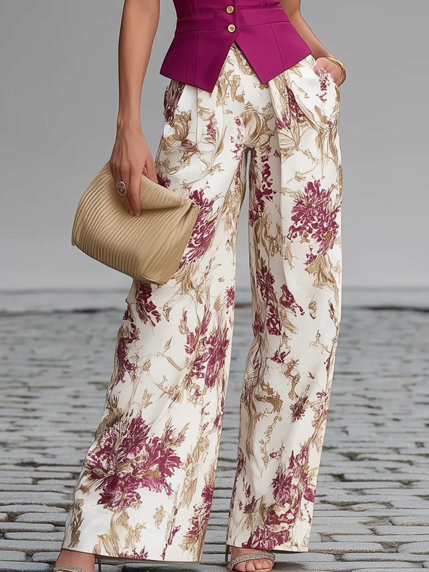 Anne - Rose Pink Sleeveless Vest and Floral Wide-Leg Pants Set