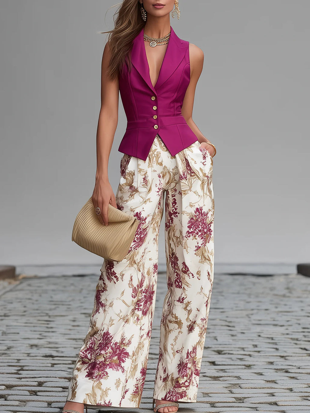 Anne - Rose Pink Sleeveless Vest and Floral Wide-Leg Pants Set