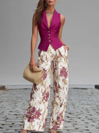 Anne - Rose Pink Sleeveless Vest and Floral Wide-Leg Pants Set