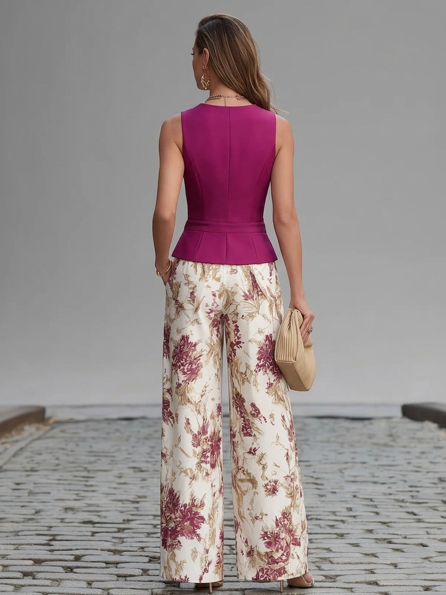 Anne - Rose Pink Sleeveless Vest and Floral Wide-Leg Pants Set