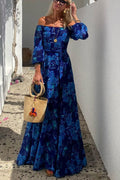 Kristie - Long Dress with Floral Print and Off-the-Shoulder Sleeves