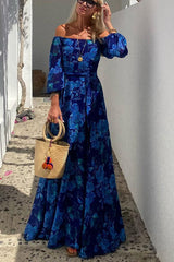 Kristie - Long Dress with Floral Print and Off-the-Shoulder Sleeves