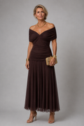 Ariane - Elegant Draped Midi Dress in Brown