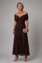 Ariane - Elegant Draped Midi Dress in Brown