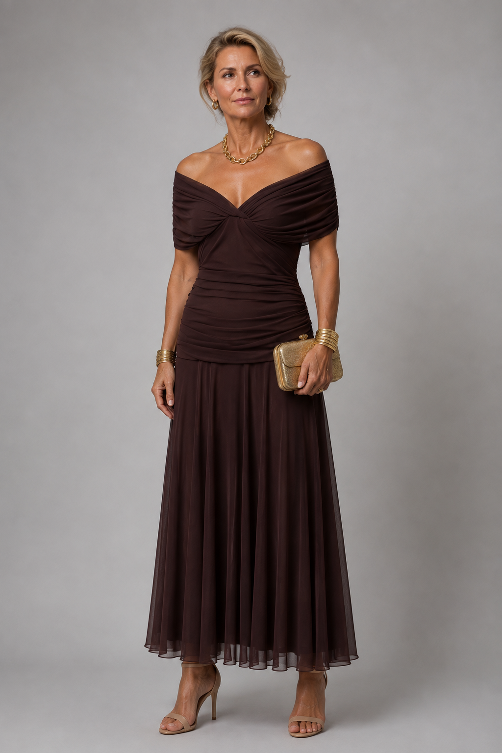 Ariane - Elegant Draped Midi Dress in Brown