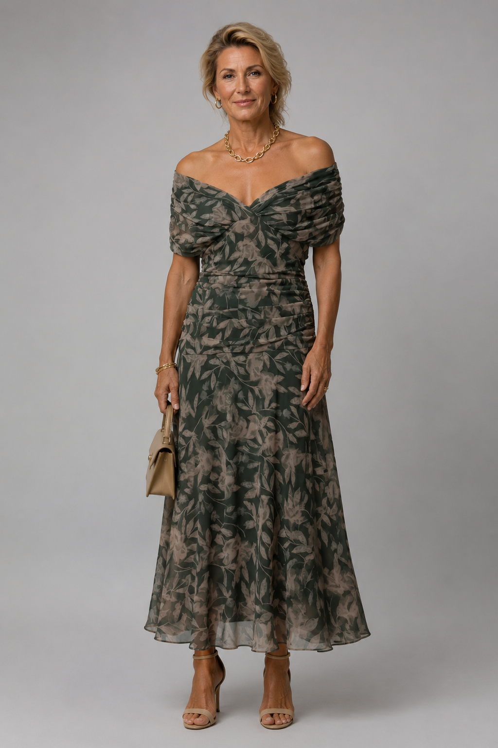 Ariane - Elegant Draped Midi Dress in Green