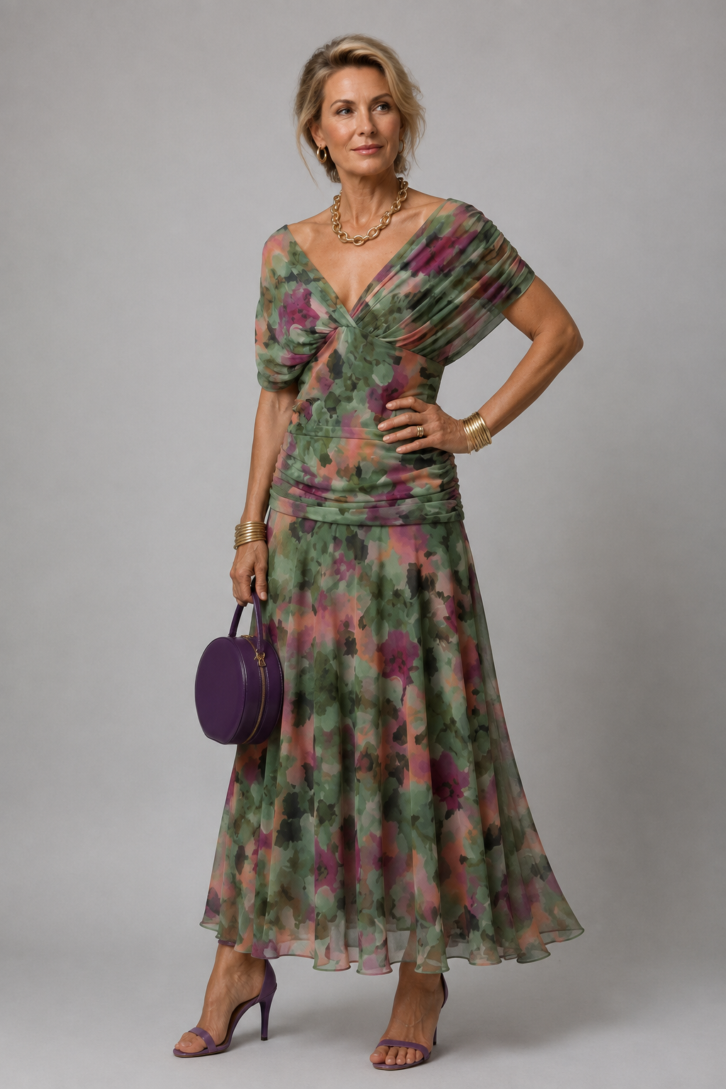 Ariane - Elegant Draped Midi Dress in Multicolor