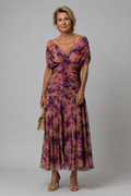Ariane - Elegant Draped Midi Dress in Purple