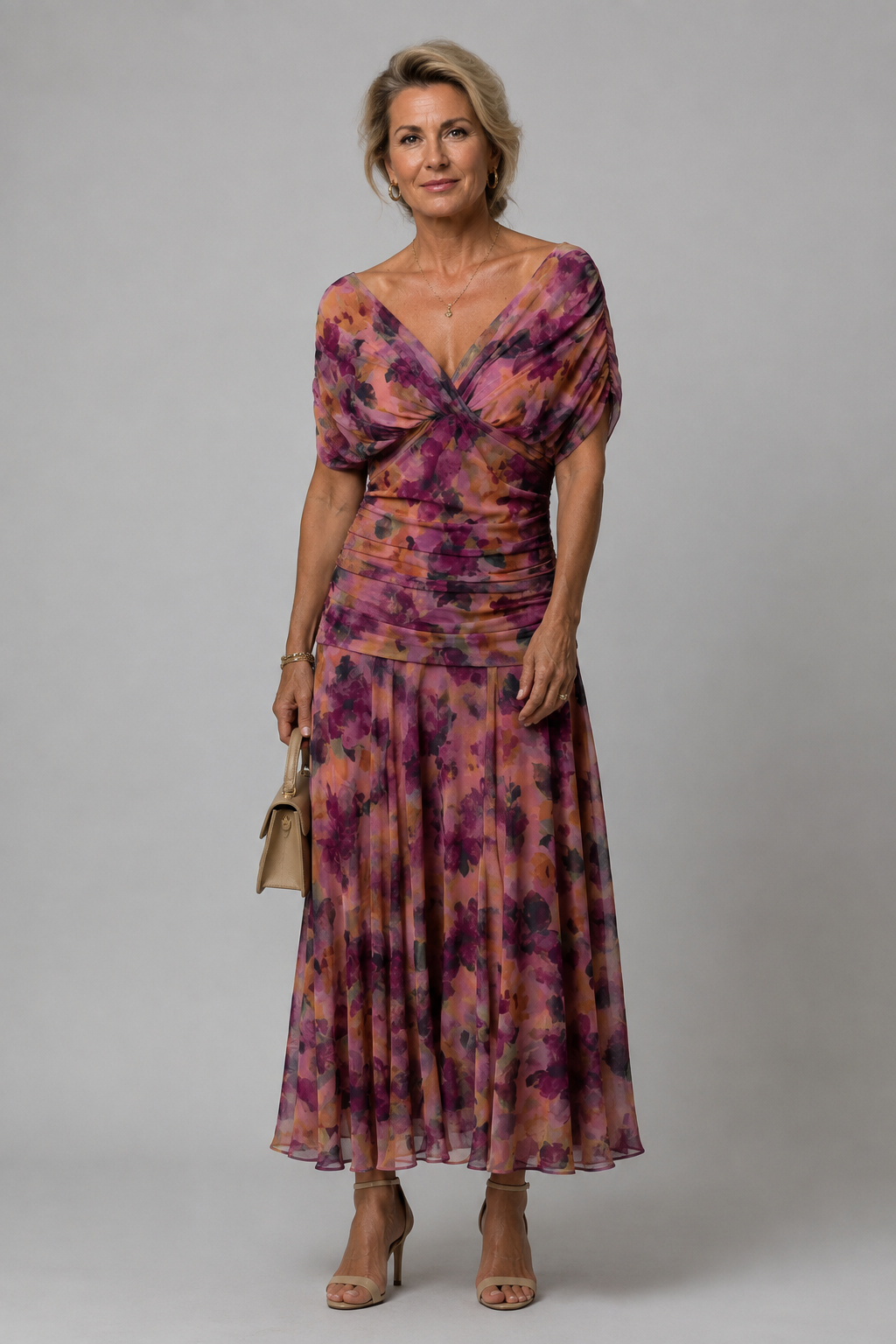 Ariane - Elegant Draped Midi Dress in Purple