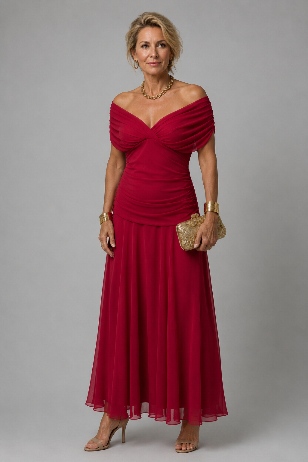 Ariane - Elegant Draped Midi Dress in Red