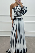 Yona - Elegant Striped Maxi Dress with One Shoulder