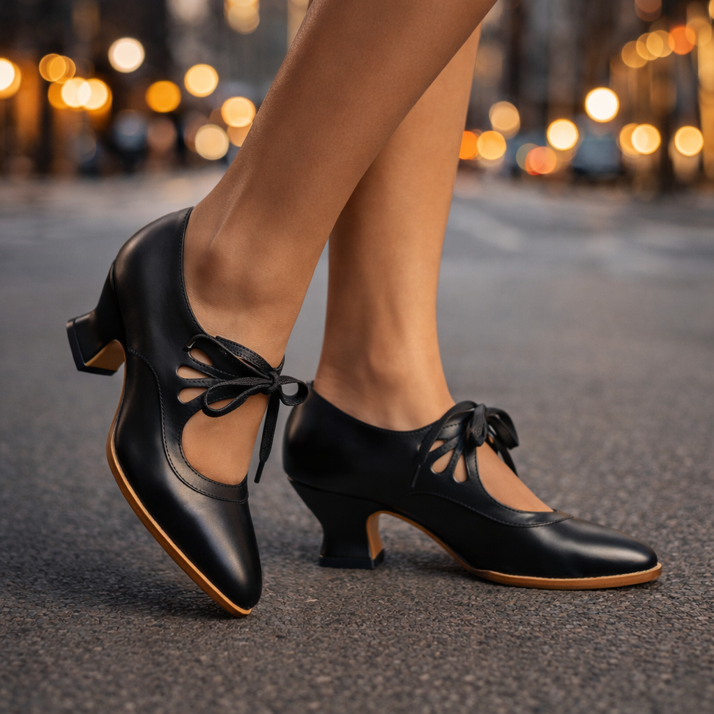 Camille Leather Lace-Up Heels in Black
