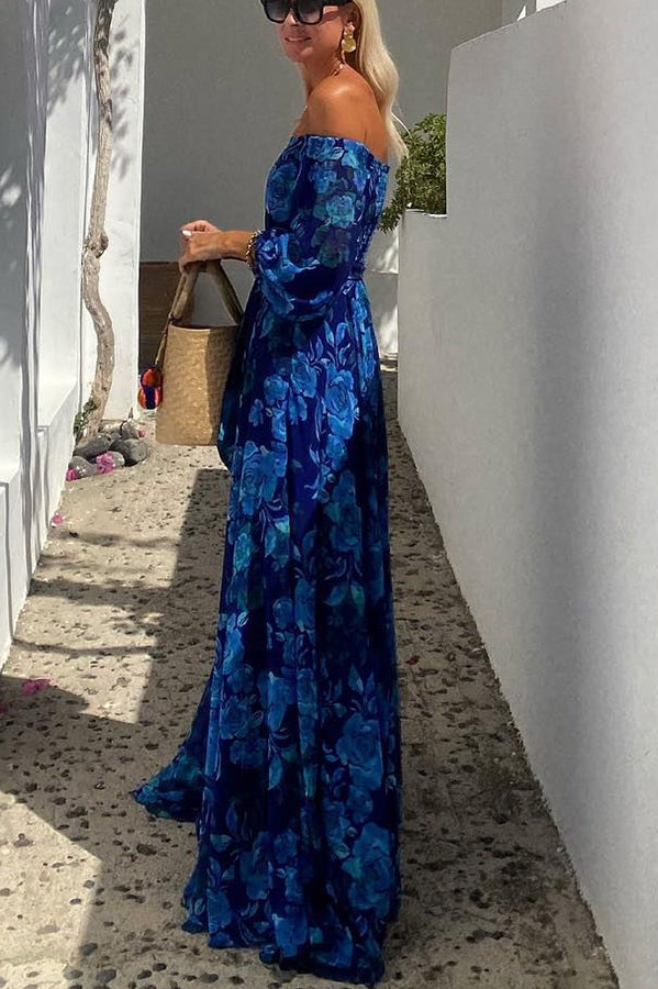 Kristie - Long Dress with Floral Print and Off-the-Shoulder Sleeves