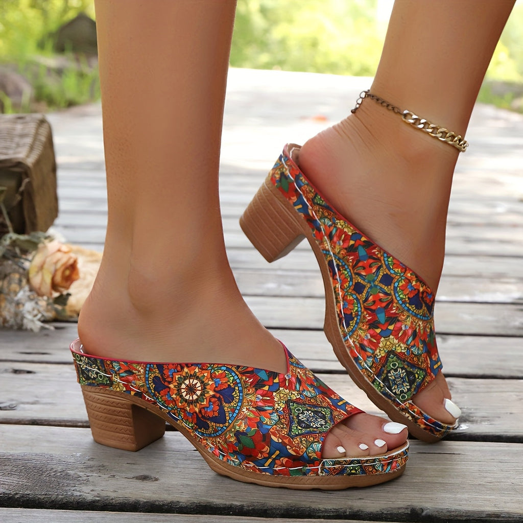 Pia - Floral Chunky Heel Sandals