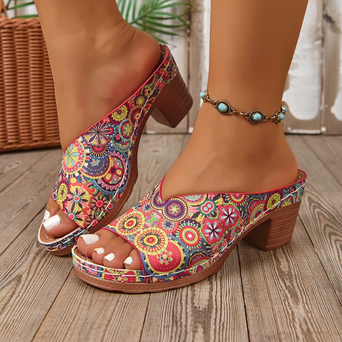Pia - Floral Chunky Heel Sandals