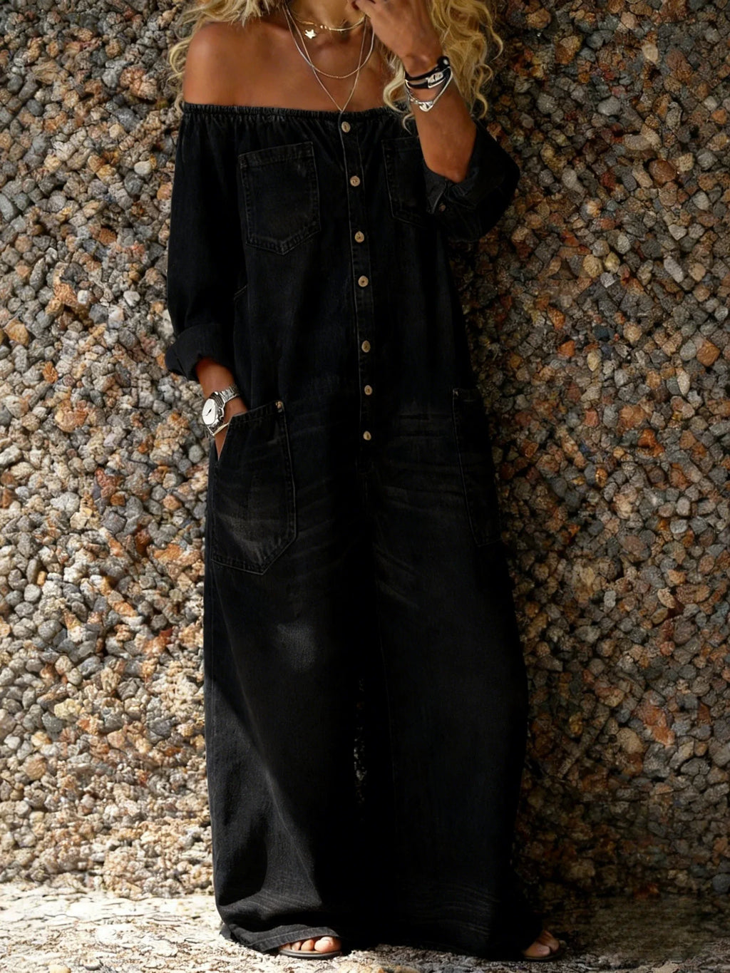 Lena – Off-Shoulder Denim Jumpsuit