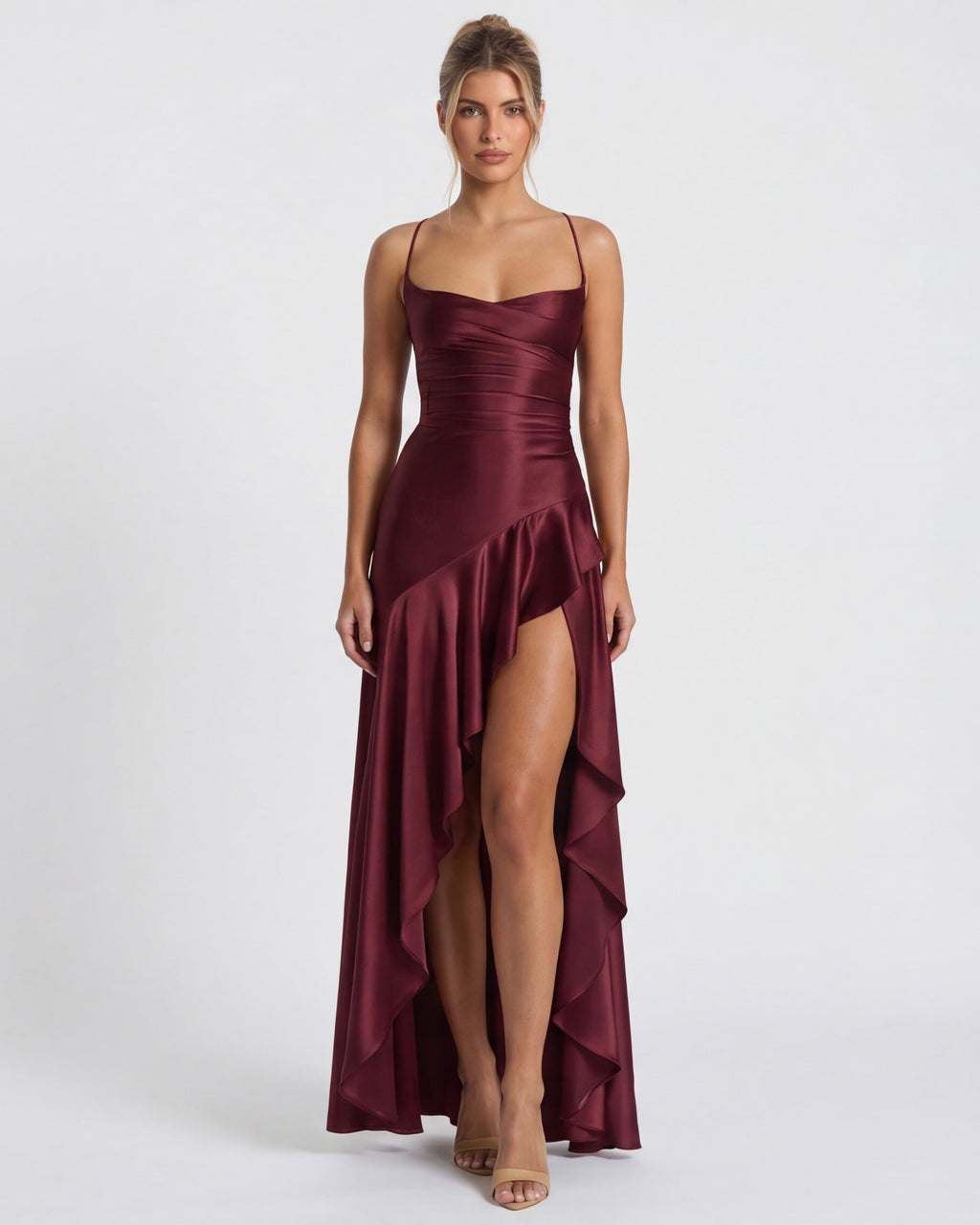 Kitty - Sculpting Satin Evening Gown With Thigh Split
