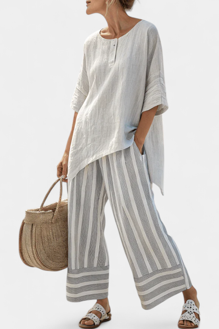 Freya - Elegant Asymmetrical Blouse and Striped Pants