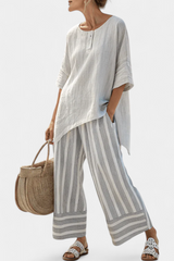 Freya - Elegant Asymmetrical Blouse and Striped Pants