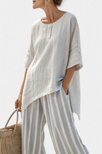 Freya - Elegant Asymmetrical Blouse and Striped Pants