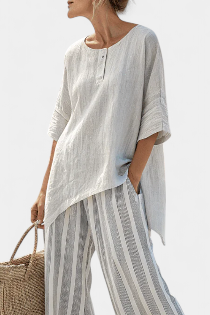 Freya - Elegant Asymmetrical Blouse and Striped Pants