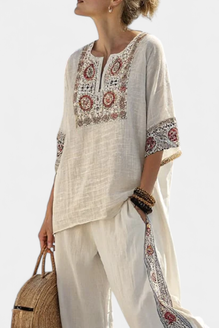 Ann - Embroidered Blouse and Wide-Leg Pants Set