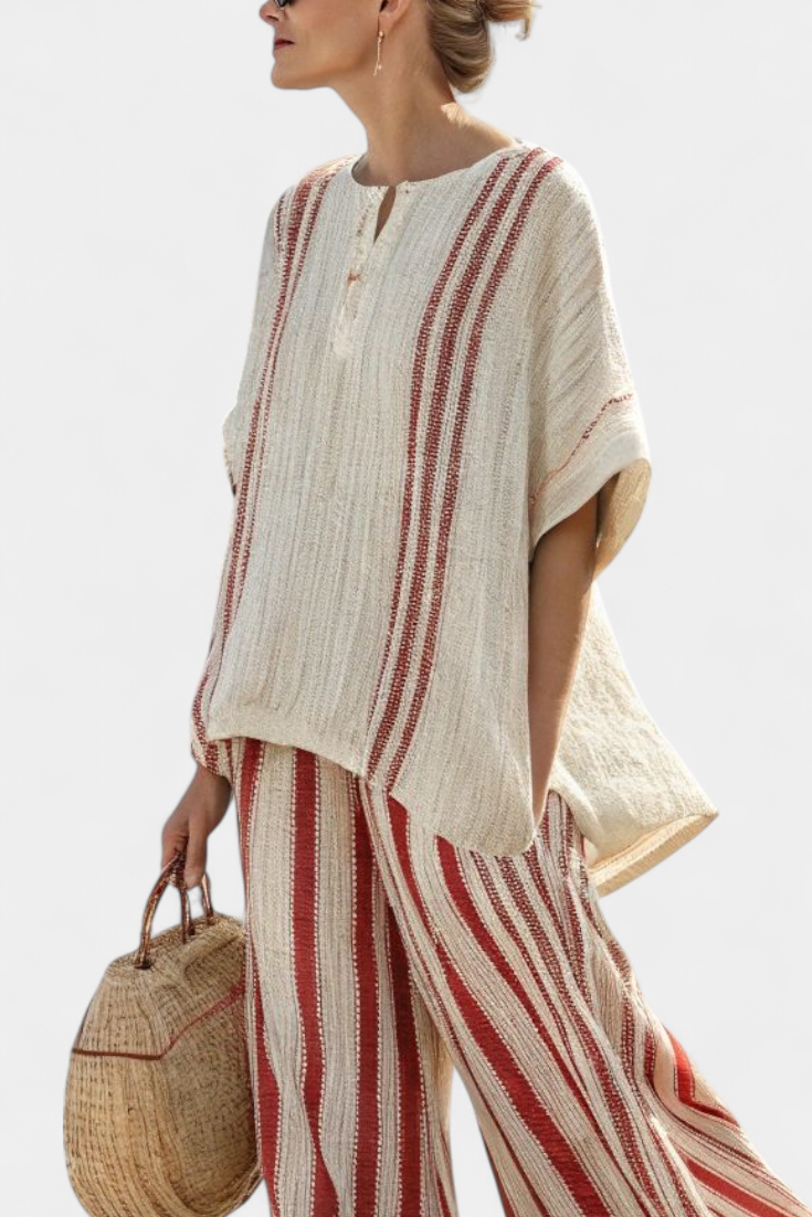 Mira - Structured Red Striped Top and Linen Pants