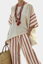Linda - Elegant Rustic Striped Top and Cream Linen Pants